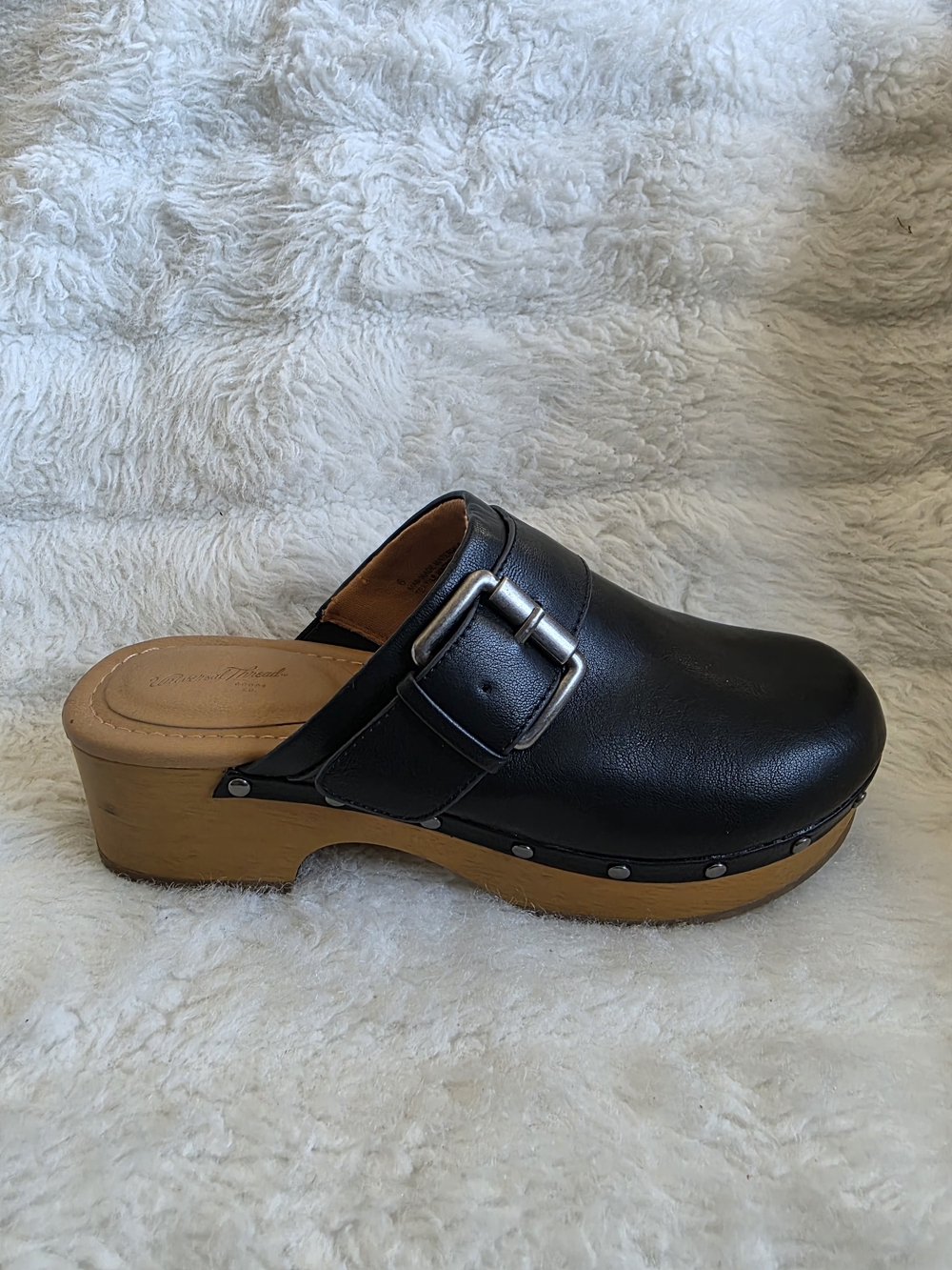 Universal Thread Black Leather Clog Mules with Wood-Tone Platform